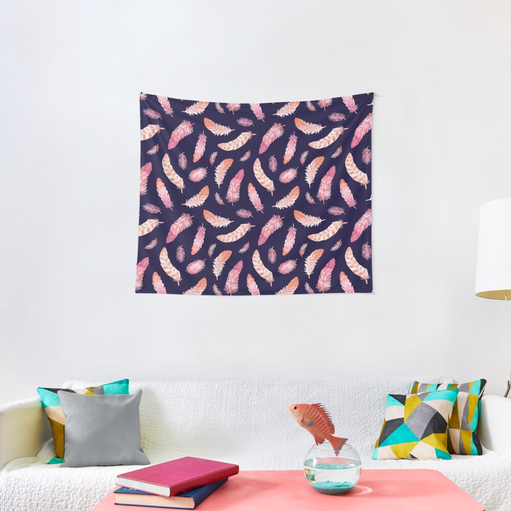 Watercolor Feathers dark Tapestry