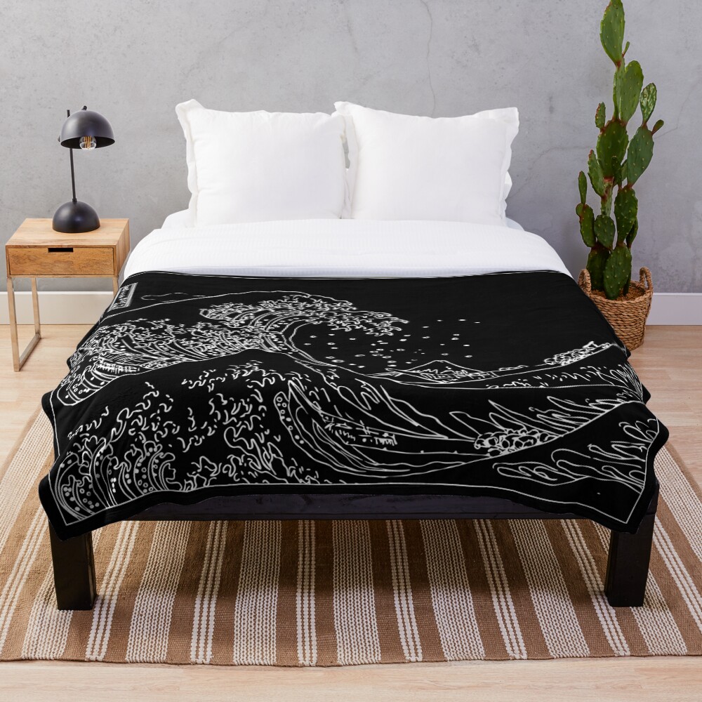 "Great Wave Outline Black and White" Throw Blanket by alexvoss Redbubble