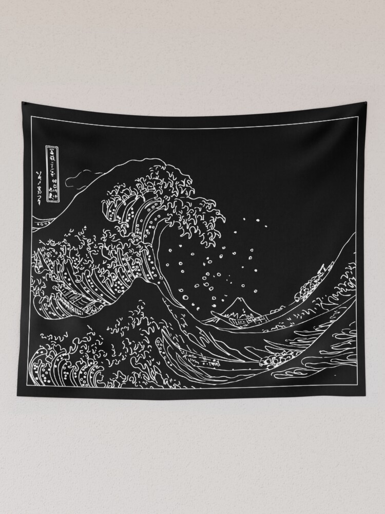 Alternate view of Great Wave Outline Black and White Tapestry