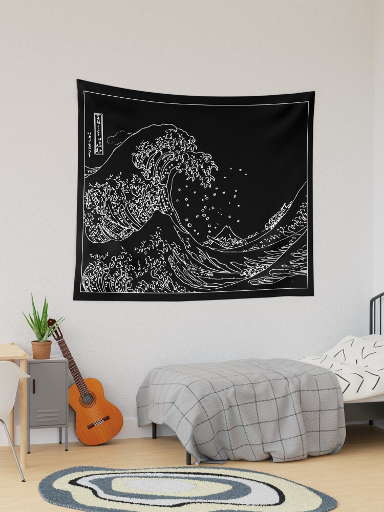 Great Wave Outline Black and White Tapestry