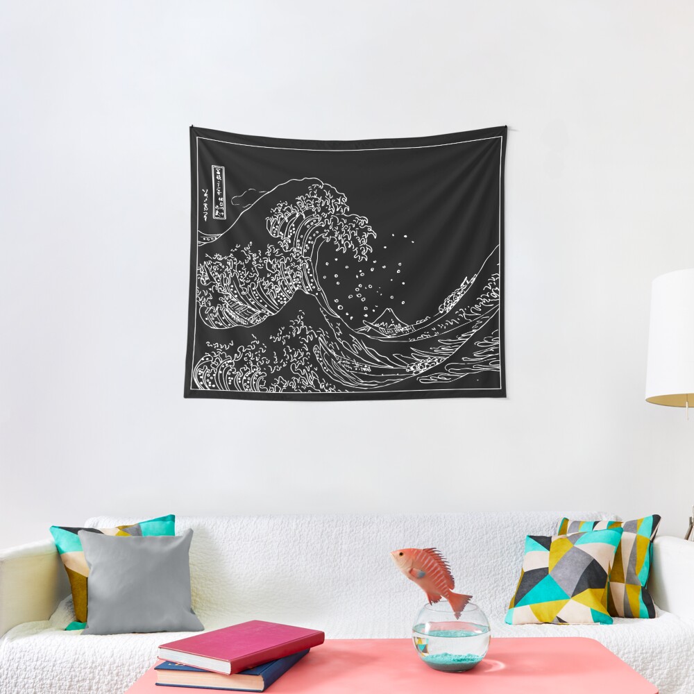 Great Wave Outline Black and White Tapestry