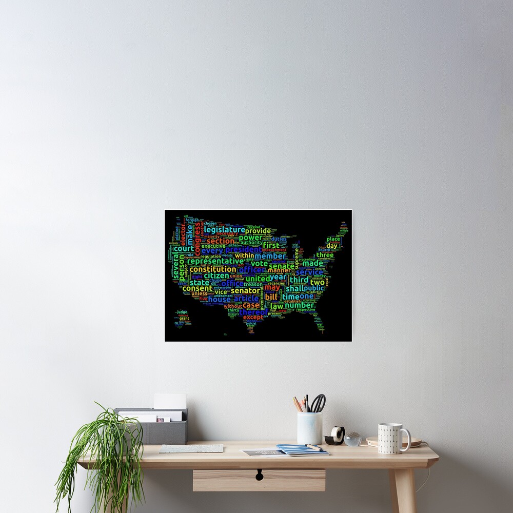 US Constitution Word Cloud Map on Black Background Poster