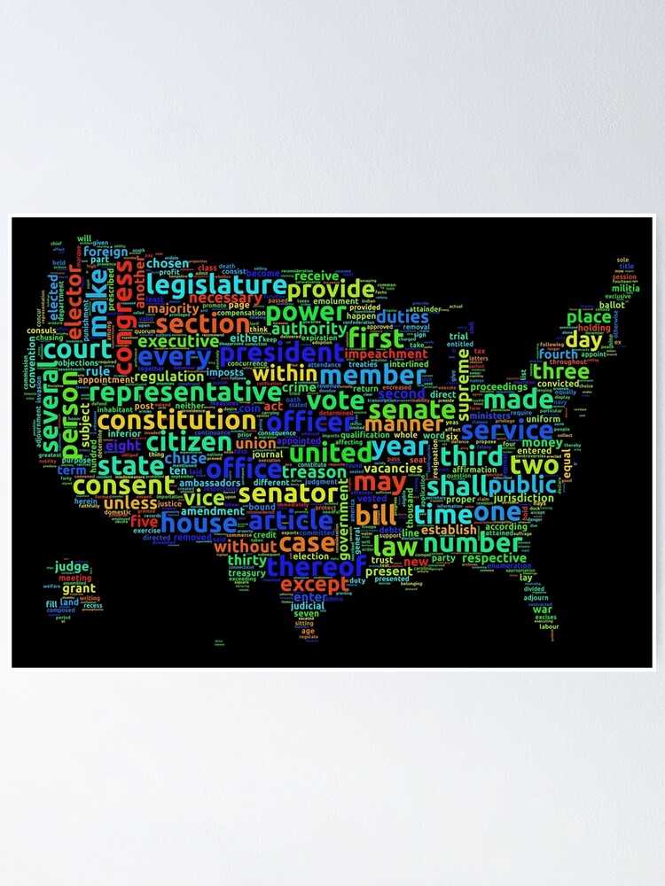 Alternate view of US Constitution Word Cloud Map on Black Background Poster