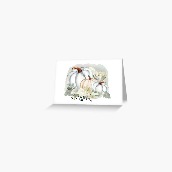 Farmhouse print with white fall pumpkins and hydrangeas filled with eucalyptus greenery. Greeting Card