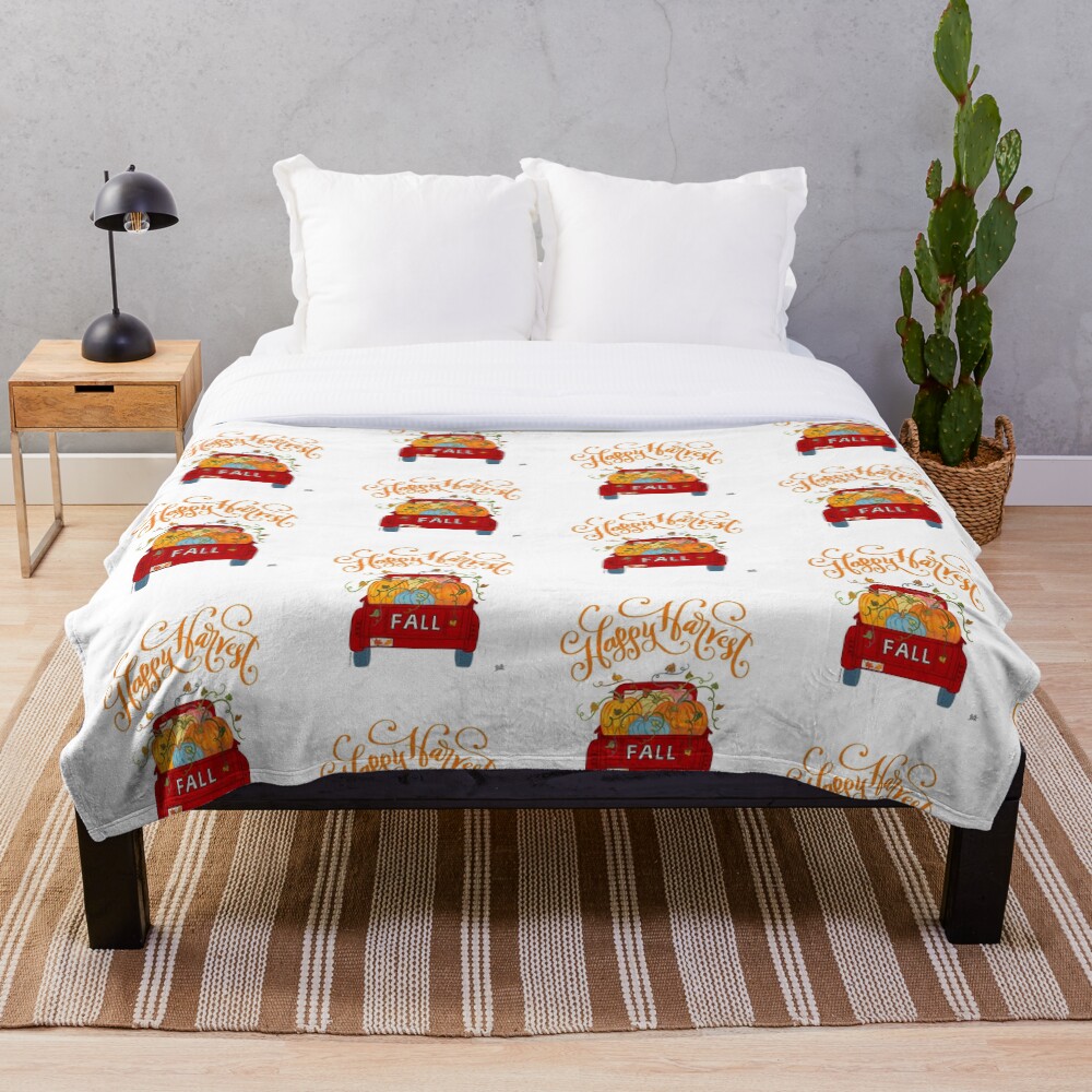 "Happy Harvest Autumn Season Fall Pumpkin Truck " Throw Blanket for
