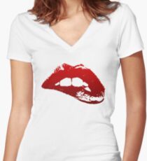 Lip Bite (Red) Women's Fitted V-Neck T-Shirt