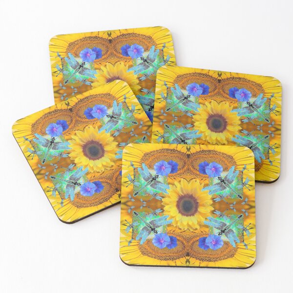 Item preview, YELLOW SUNFLOWERS  DRAGONFLIES BLUE FLORAL ABSTRACT designed and sold by sharlesart.