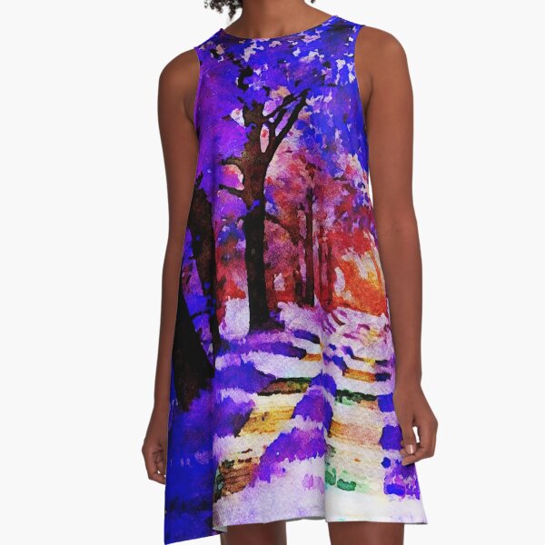 Blauer Wald - Aquarellmalerei A-Linien Kleid