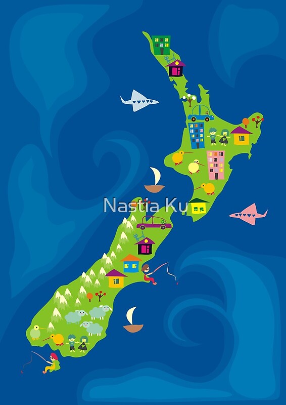 "cartoon map of new zeland" by ychty | Redbubble