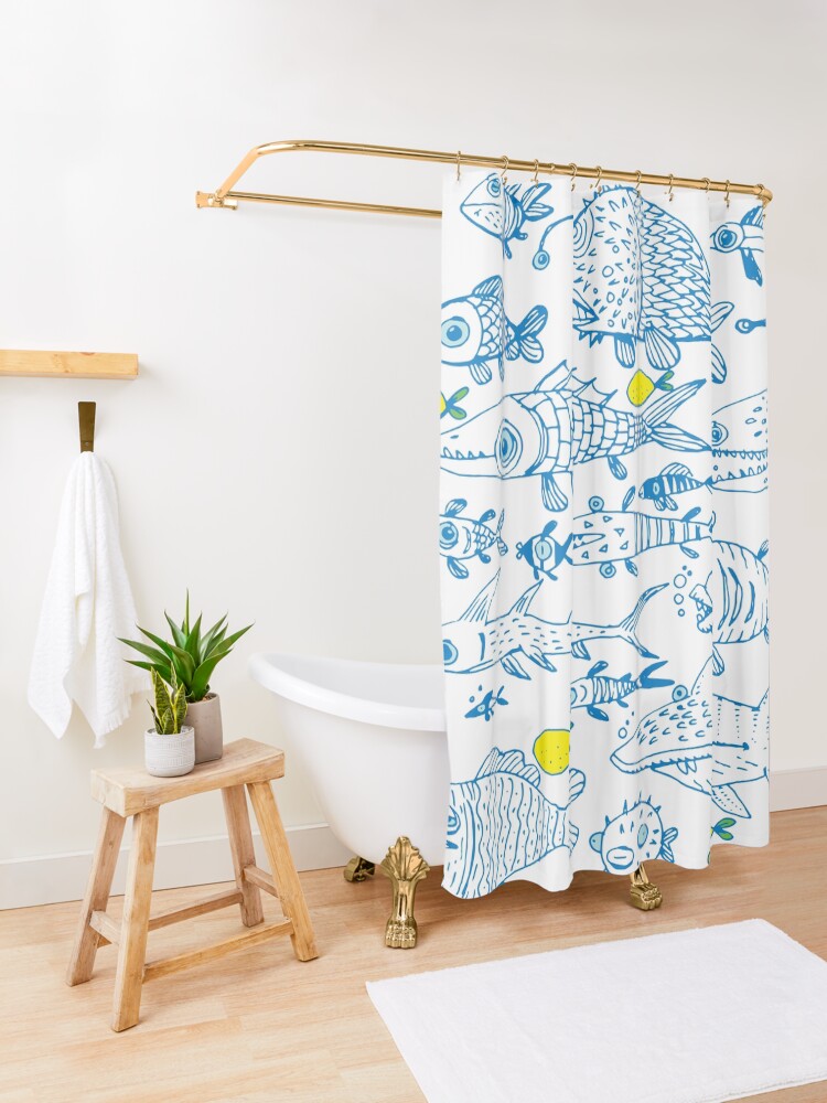 Alternate view of flock of different fishes with lemons between Shower Curtain