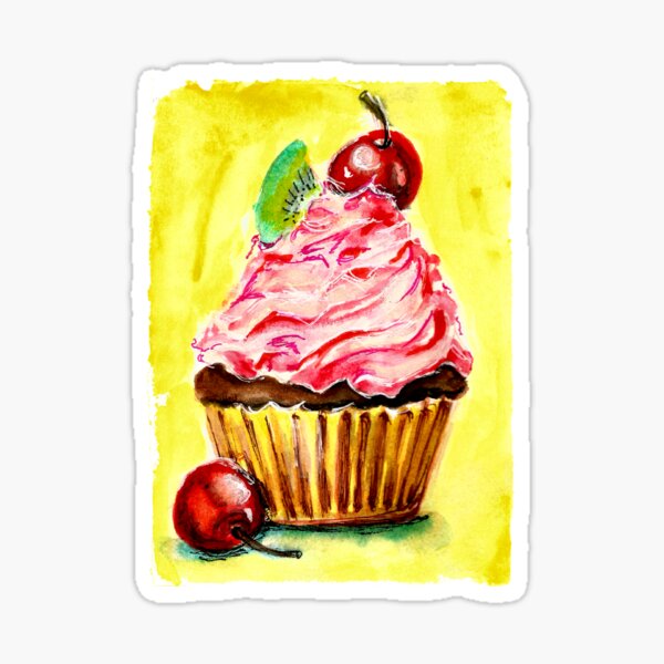 Watercolour CUTE cupcake with kiwi and cherry on top Sticker
