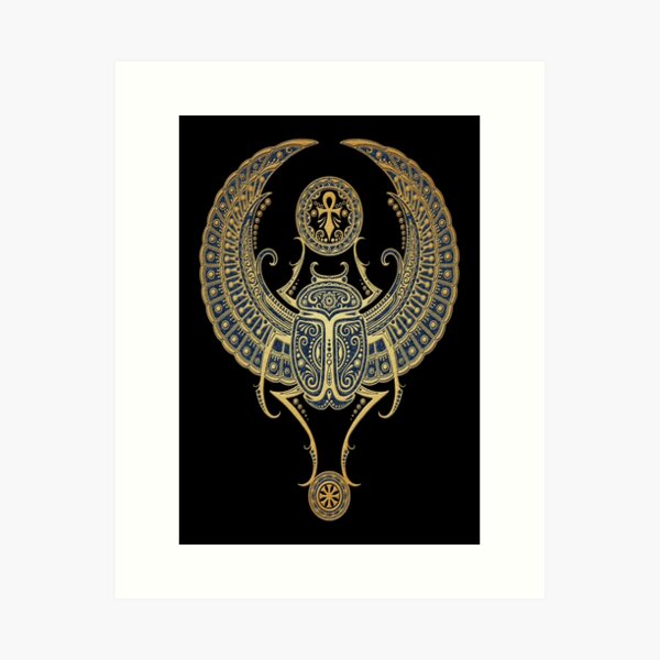 Golden Blue Winged Egyptian Scarab Beetle with Ankh  Art Print