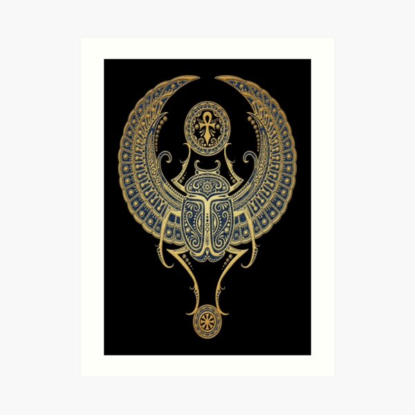 Golden Blue Winged Egyptian Scarab Beetle with Ankh Art Print
