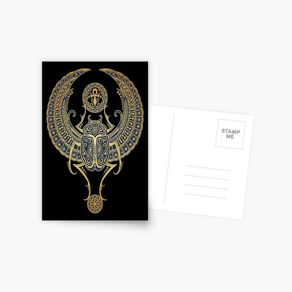 Golden Blue Winged Egyptian Scarab Beetle with Ankh Postcard