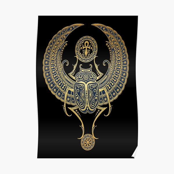 Golden Blue Winged Egyptian Scarab Beetle with Ankh Poster