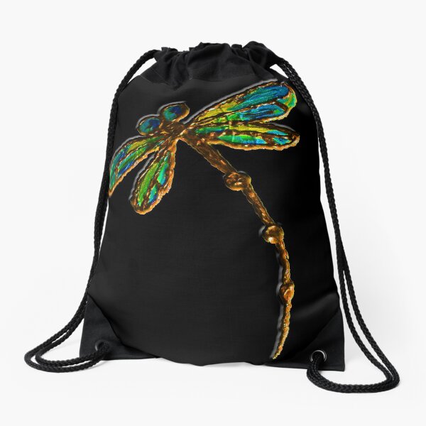 Electric Green Gold Dragonfly Drawstring Bag