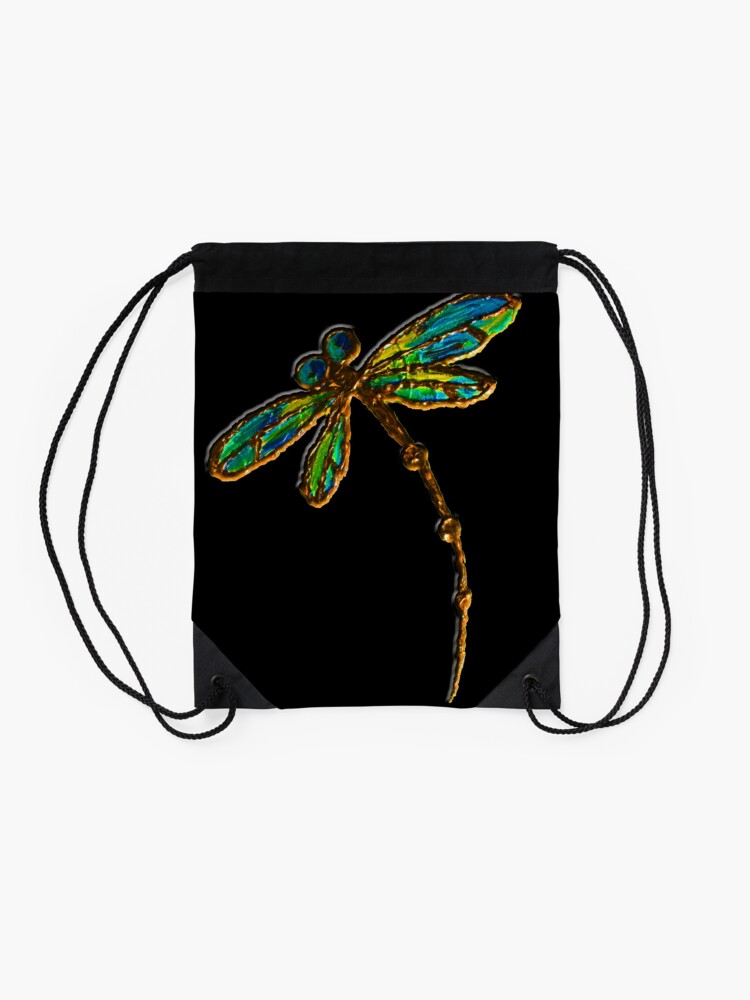 Alternate view of Electric Green Gold Dragonfly Drawstring Bag