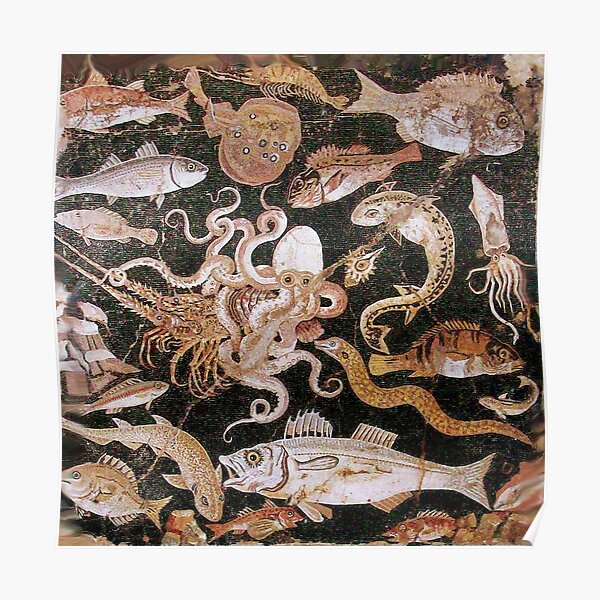 POMPEII COLLECTION / ANTIQUE OCEAN - SEA LIFE SCENE,OCTOPUS AND FISHES Poster