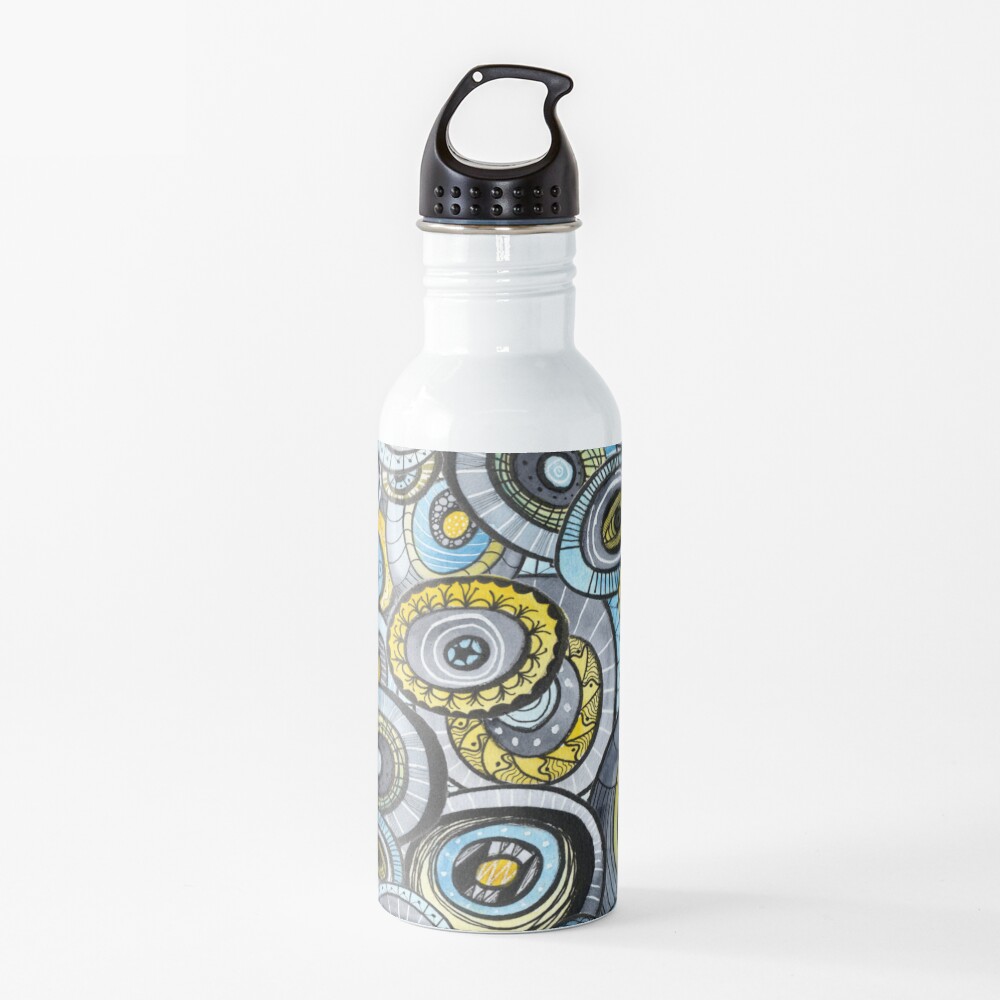 Zen circles I abstract round watercolor shapes with ink doodles Water Bottle