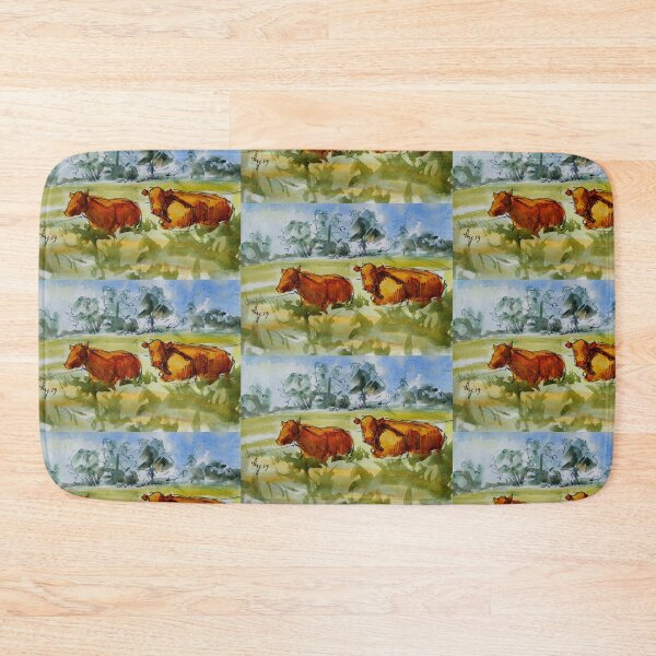 Item preview, Impressionist Cow and landscape en plein air painting - two red poll steer in Devon field designed and sold by MikeJory.