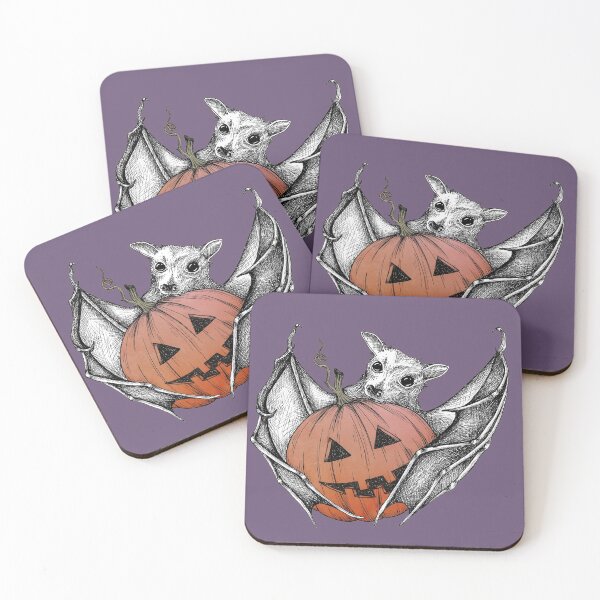 Item preview, Ilustración en tinta y acuarela de murciélago de la fruta y calabaza de Halloween designed and sold by RedFinchDesigns.