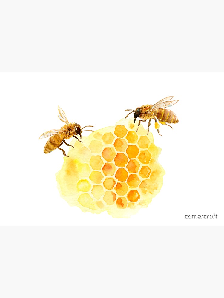 Watercolor illustration of bee on honeycomb by cornercroft