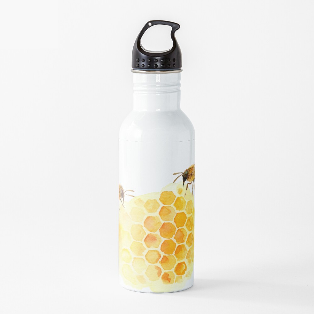 Watercolor illustration of bee on honeycomb Water Bottle