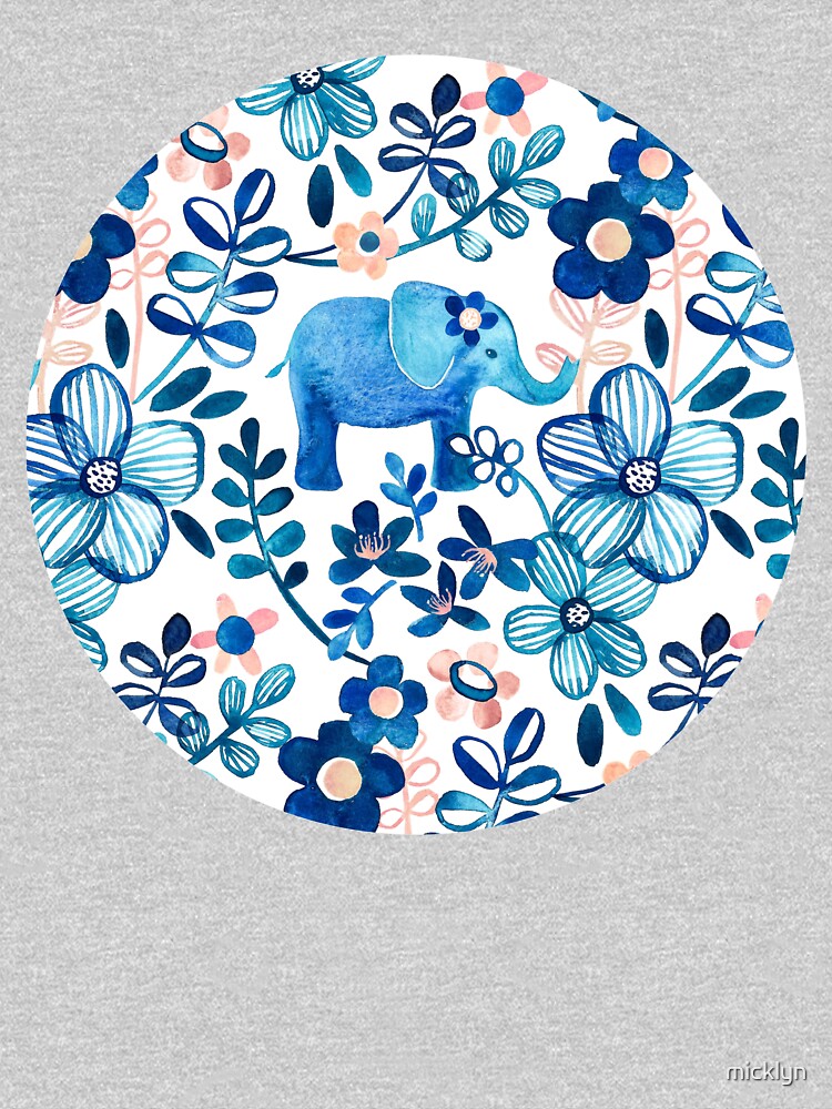 Blush Pink, White and Blue Elephant and Floral Watercolor Pattern by micklyn
