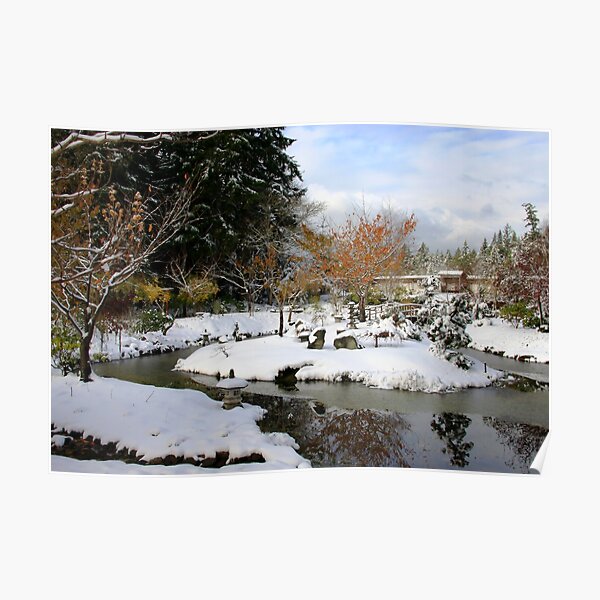 Mayne Island Japanese Garden in snow Poster