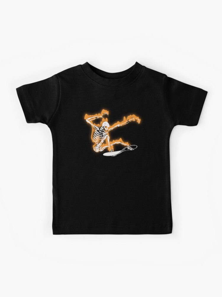 Skateboarding Skeleton Skateboard Skeleton In Flames Kids T Shirt By Tshirtsbyms Redbubble - skeleton t shirt roblox