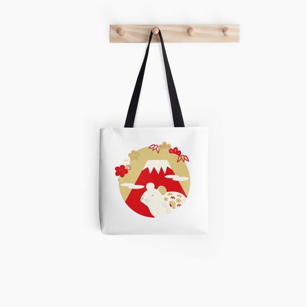 It is an illustration of a mouse, Mt. Fuji, pine, bamboo, and plum. Tote Bag