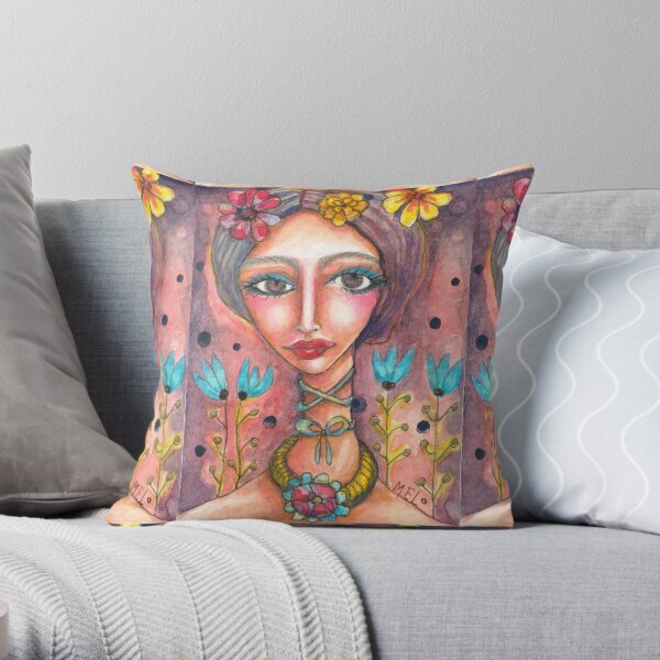 Frida Kahlo & Blue Tulips Throw Pillow