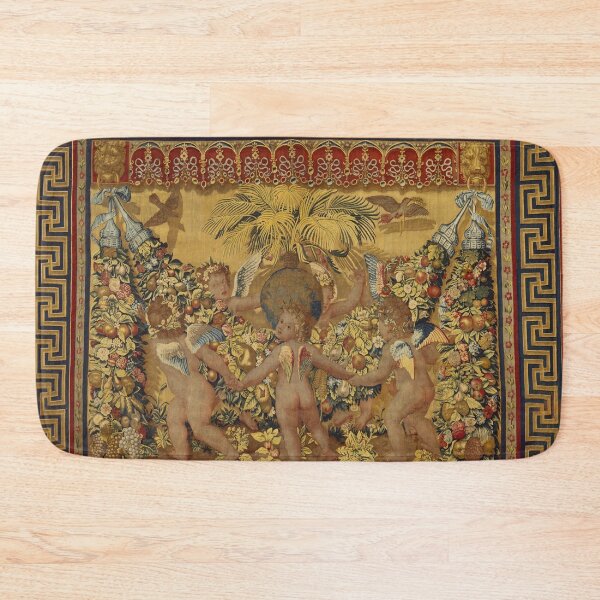Item preview, Six Putti Dancing Around a Globe and a Palm ,Gold Yellow Brown Floral Renaissance Tapestry designed and sold by BulganLumini.