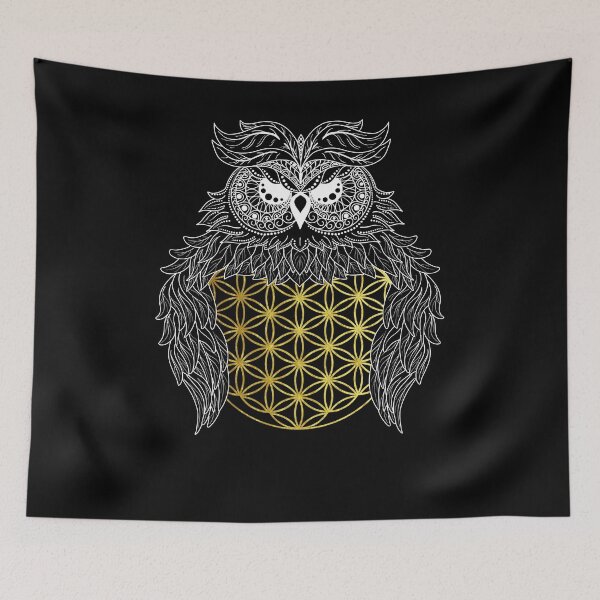 Item preview, Owl mandala with golden flower of life tattoo designed and sold by LuminOrb.