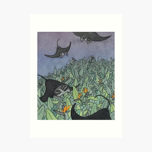 Underwater meadow, manta rays and birds of paradise Art Print