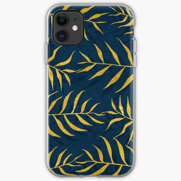 Motif de feuilles de palmier doré sur fond bleu foncé Coque souple iPhone