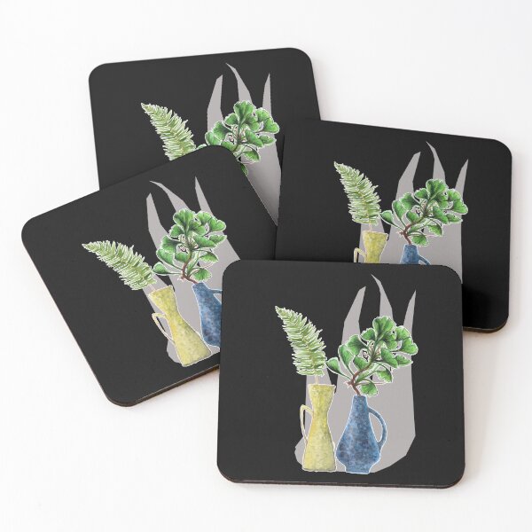 Item preview, I love jurassic ceramics! Vases still life with fern and gingko in blue-yellow-gray designed and sold by HeyK.