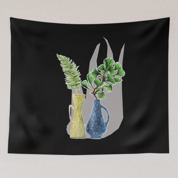 Item preview, I love jurassic ceramics! Vases still life with fern and gingko in blue-yellow-gray designed and sold by HeyK.