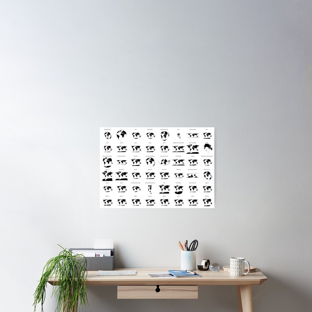 Grid of World Land Area Maps in 48 Projections with Graticule Poster