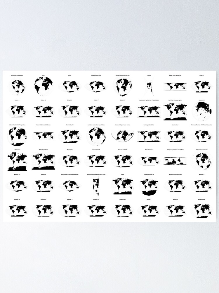 Alternate view of Grid of World Land Area Maps in 48 Projections with Graticule Poster