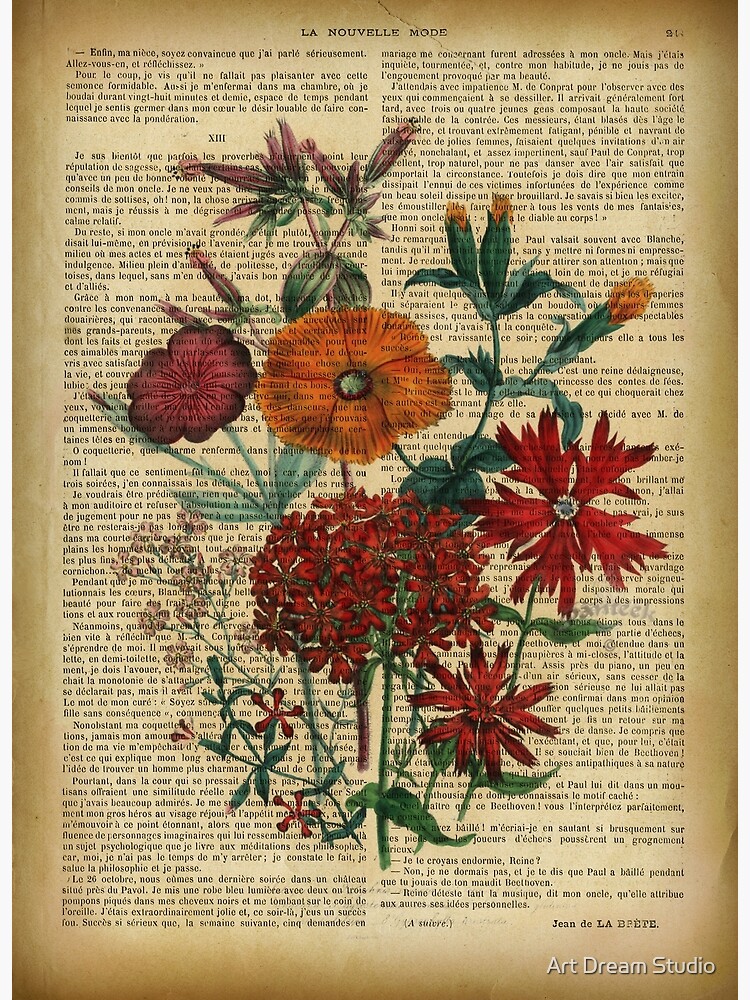 Botanical print on old book page garden flowers