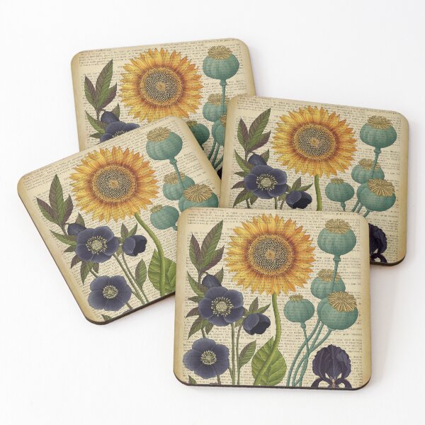 Item preview, Botanical print, on old book page - Sunflower, Iris, poppies, flowers designed and sold by Art by Lilia.