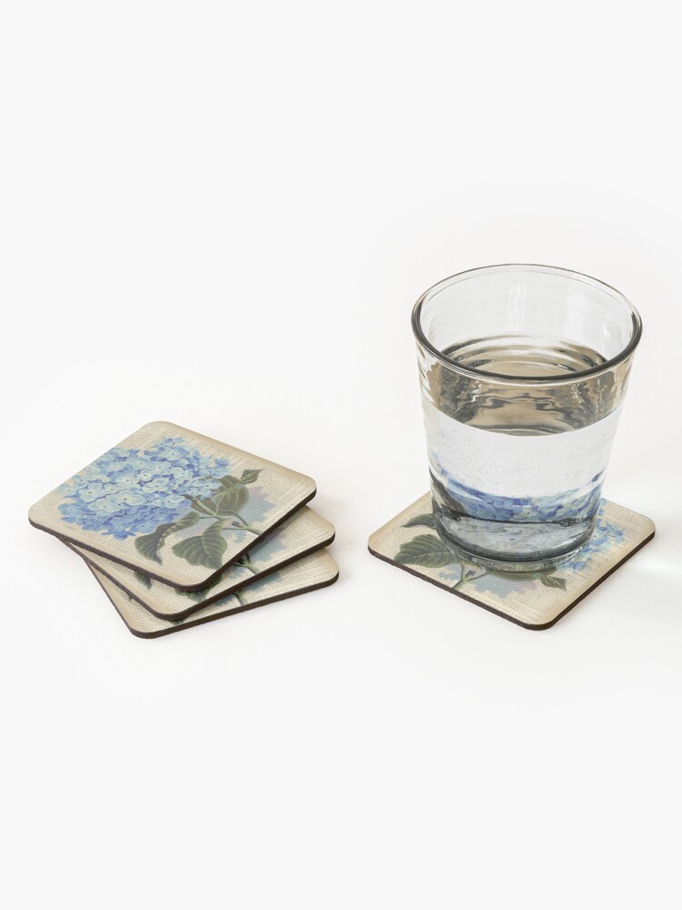 Alternate view of Botanical print, on old book page - Blue Hydrangea flowers Coasters (Set of 4)