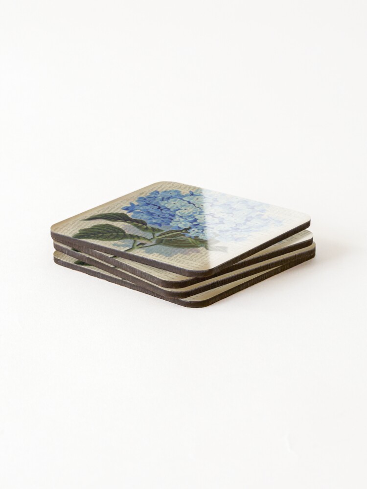 Alternate view of Botanical print, on old book page - Blue Hydrangea flowers Coasters (Set of 4)