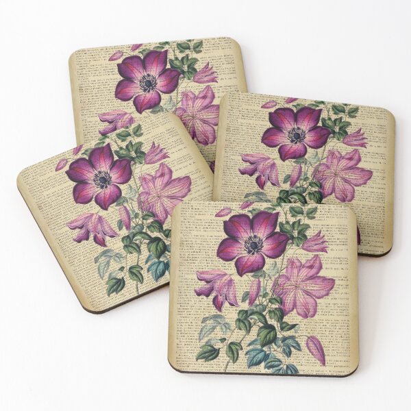 Item preview, Botanical print, on old book page - clematis designed and sold by Art by Lilia.