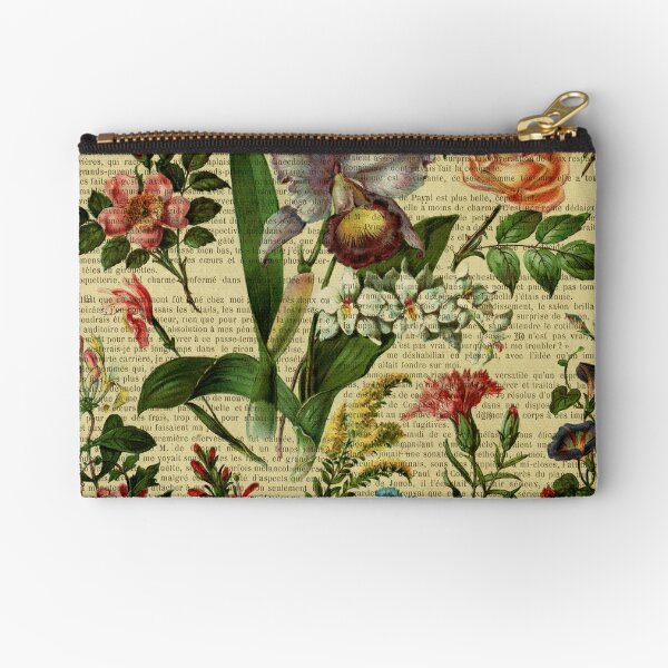 Botanical print, on old book page - garden flowers Zipper Pouch