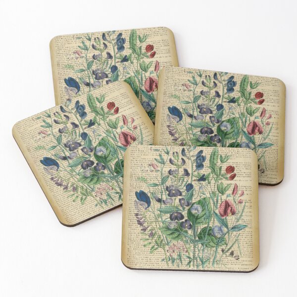 Item preview, Botanical print, on old book page - garden flowers peas designed and sold by Art by Lilia.