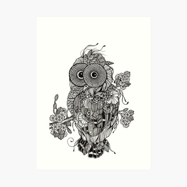 Decorative Owl Black and White Doodle Art Art Print