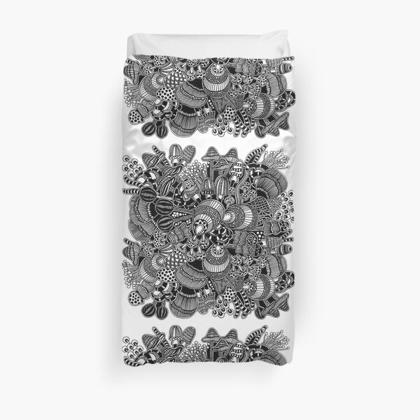 Mushrooms Mushrooming Black and White Doodle Art Duvet Cover
