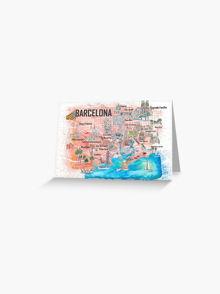 Main Roads Travel Map Barcelona Illustrated Travel Map With Main Roads, Landmarks And Highlights"  Greeting Card By Artshop77 | Redbubble